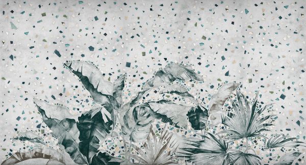 טפט פרימיום אומנותי- מעצבי על -עלים טרופיים על רקע דמוי טרצו