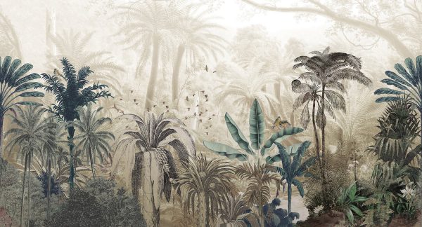 טפט פרימיום אומנותי- מעצבי על -טפט עצים טרופיים וציפורים