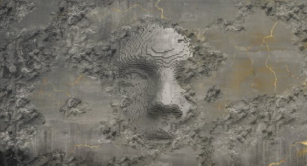 טפט פרימיום אומנותי- מעצבי על - דמות פיקסלים תלת מימד - טקסטורת בטון