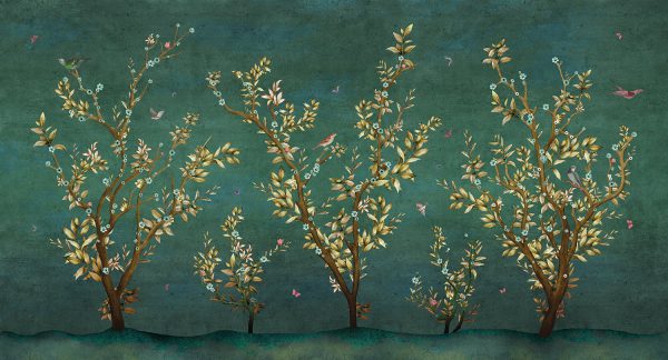 טפטי פרימיום אומנותי- מעצבי על - עצים עם עלים ציפורים ופרפרים