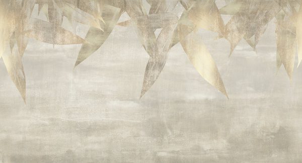 טפט פרימיום אומנותי- מעצבי על - עלים זהובים על רקע בטון מחוספס